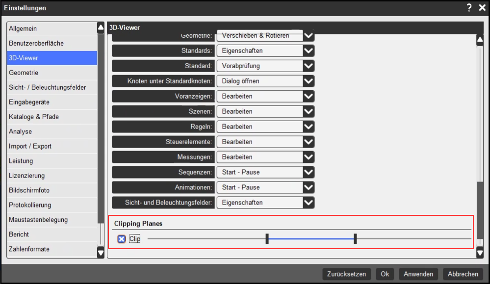 Einstellung für Clipping Planes