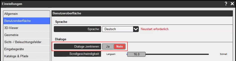 Einstellung für das Öffnen von Dialogen